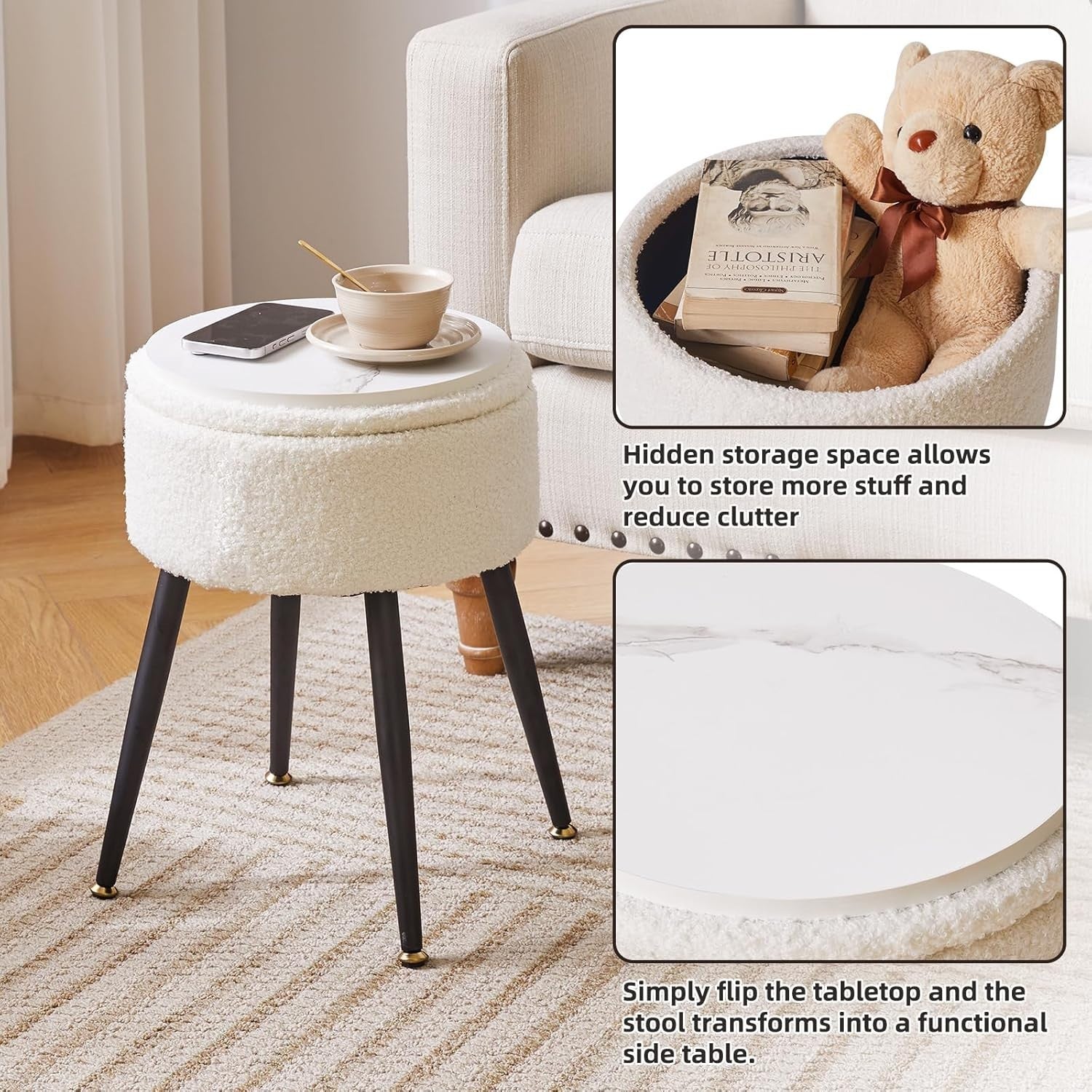 White Round Teddy Fur Stool with Storage – Soft Vanity Ottoman Chair