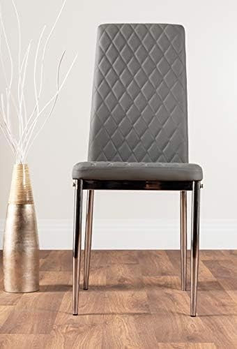 Modern White Glass Extending Dining Table with 4 Grey Quilted Chairs Set