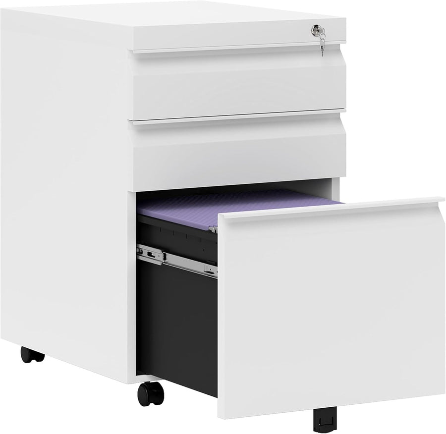 3 Drawer Mobile Filing Cabinet with Lock Under Desk Office Storage White
