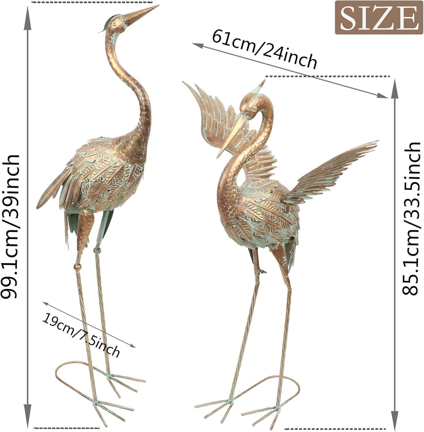 Large Metal Crane Garden Statues Pair 39in Bronze Heron Sculptures Outdoor Decor