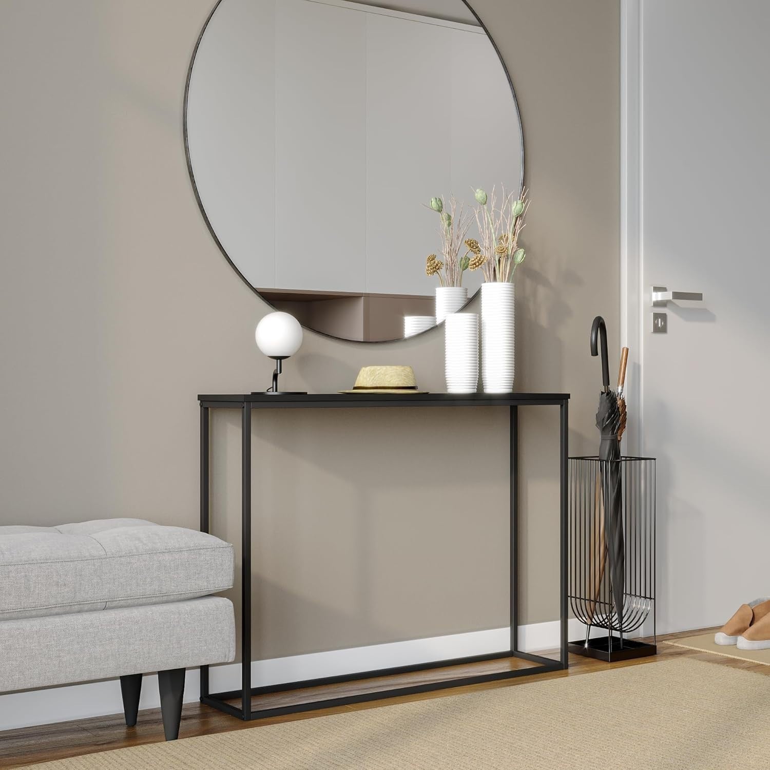 Slim Wooden Console Table with Metal Legs, Industrial Hallway Storage