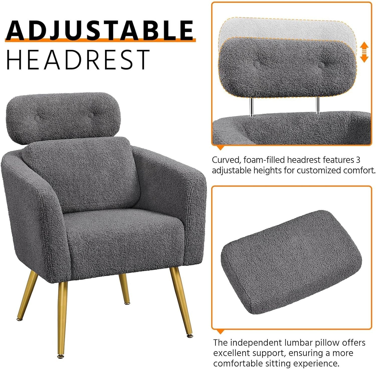 Dark Grey Boucle Tub Chair Adjustable Headrest Gold Legs