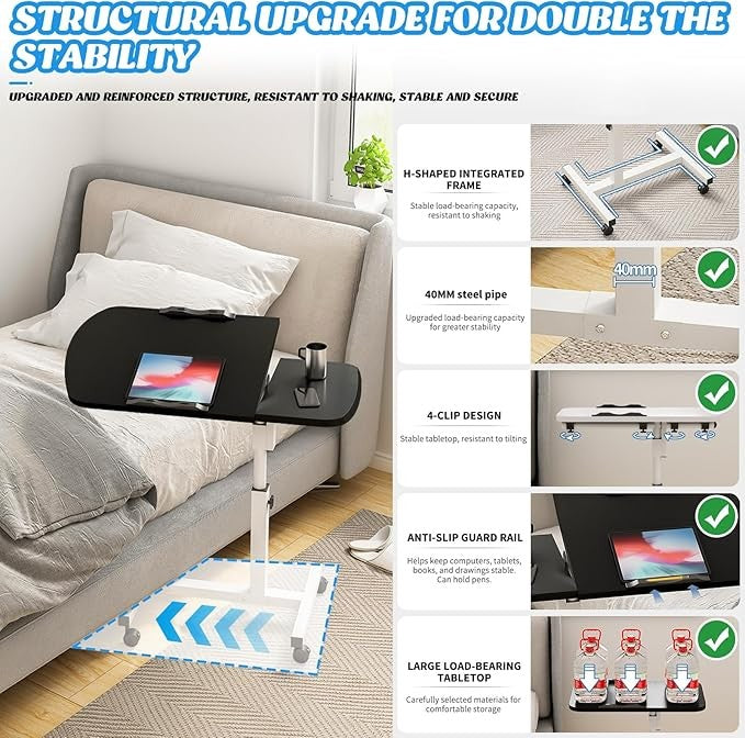 Adjustable Overbed Laptop Table with Wheels Tilting Desk Bedside Stand