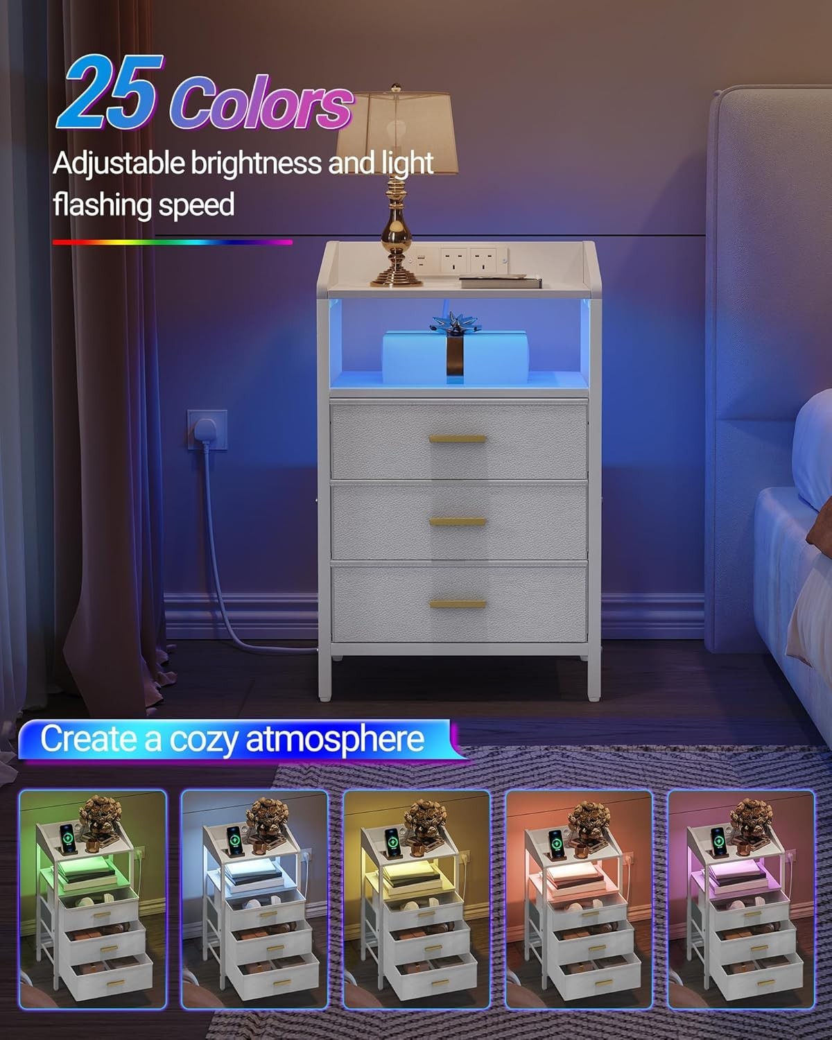 White LED Bedside Table with USB Ports & 3 Drawers