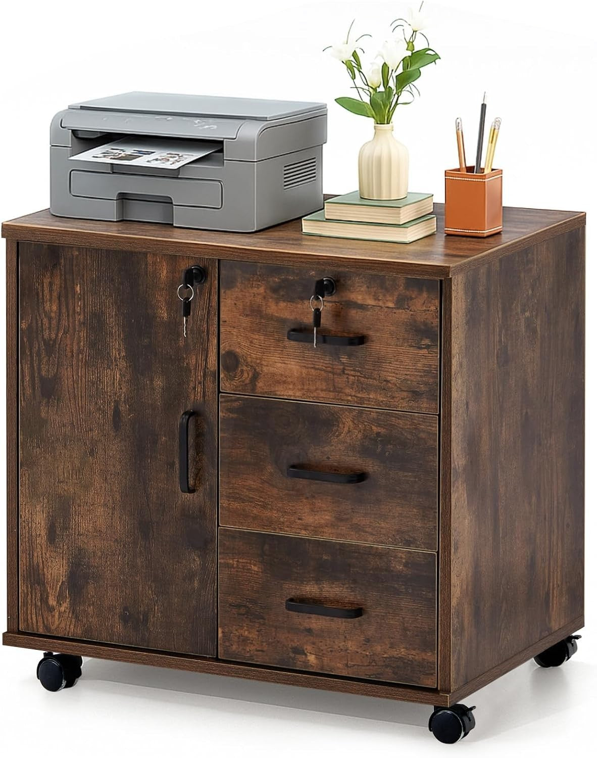 Brown Mobile File Cabinet 60cm Lockable Printer Stand Storage