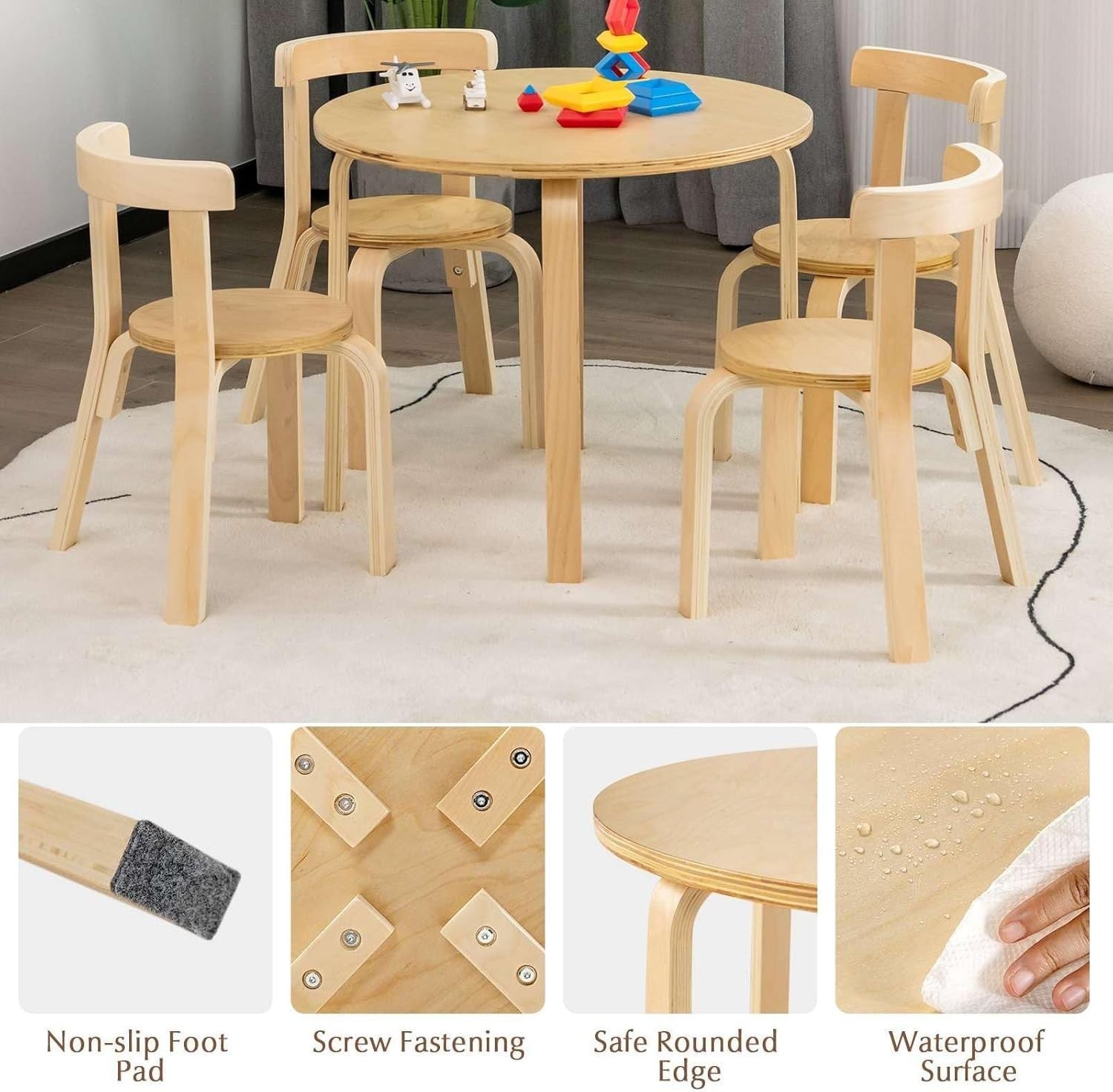 Kids Wooden Round Table & 4 Chairs Set Natural Finish Ergonomic Design