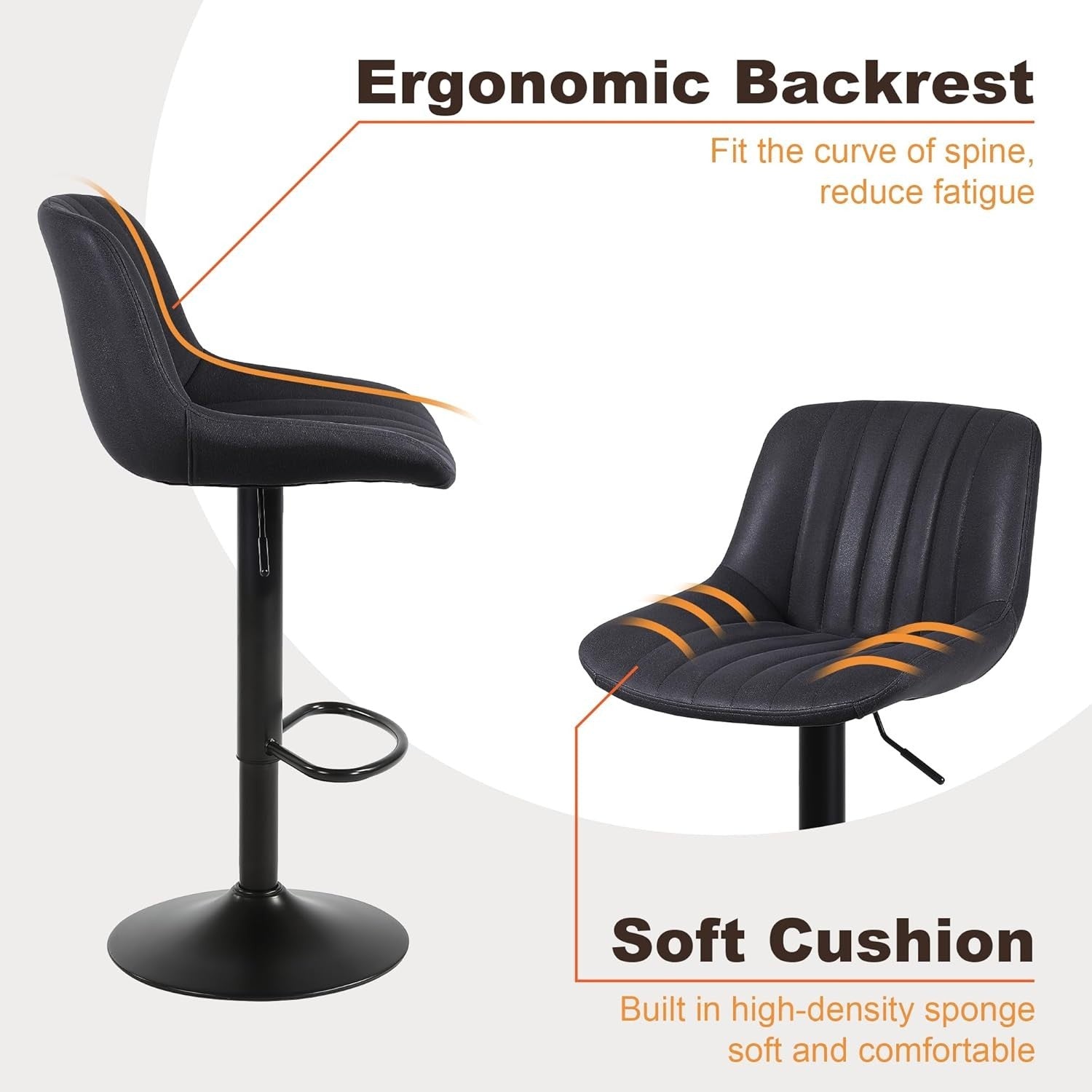 Black Adjustable Swivel Bar Stool PU Leather Modern Counter Chair