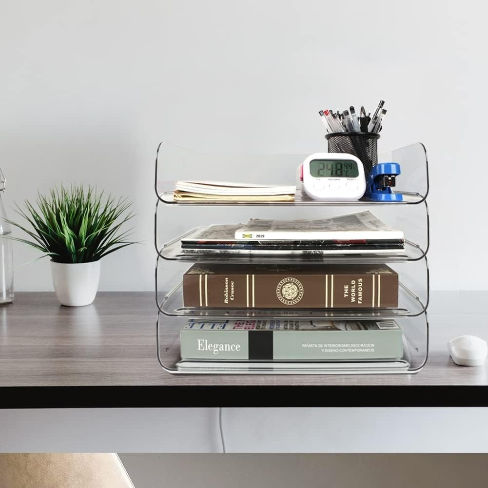 4-Tier Clear Acrylic Desk Organiser – Stackable Letter Tray for A4 Paper