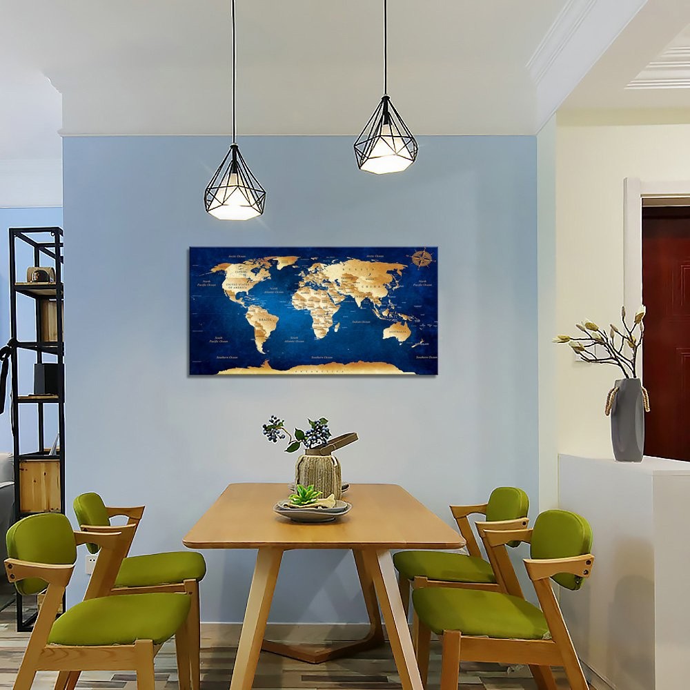 World Map Canvas Wall Art 50x100cm Blue Framed Ready to Hang