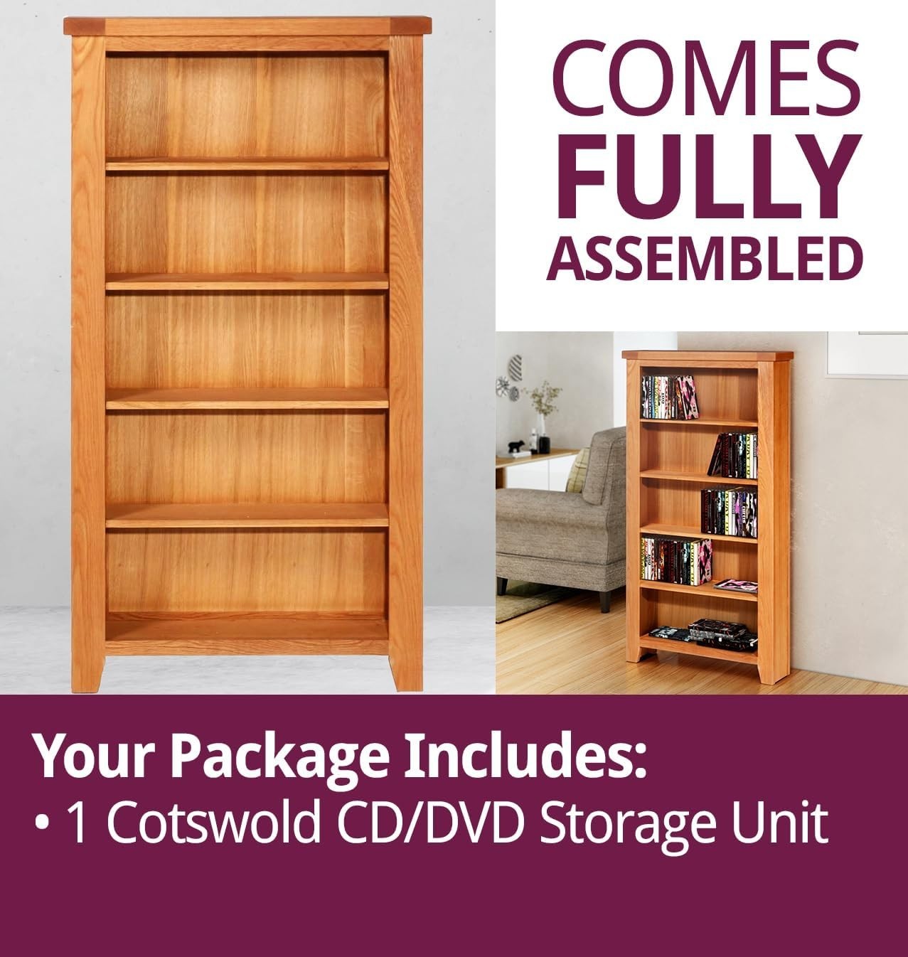 Solid Oak CD DVD Storage Unit 5 Tier Media Tower Holds 250 CDs