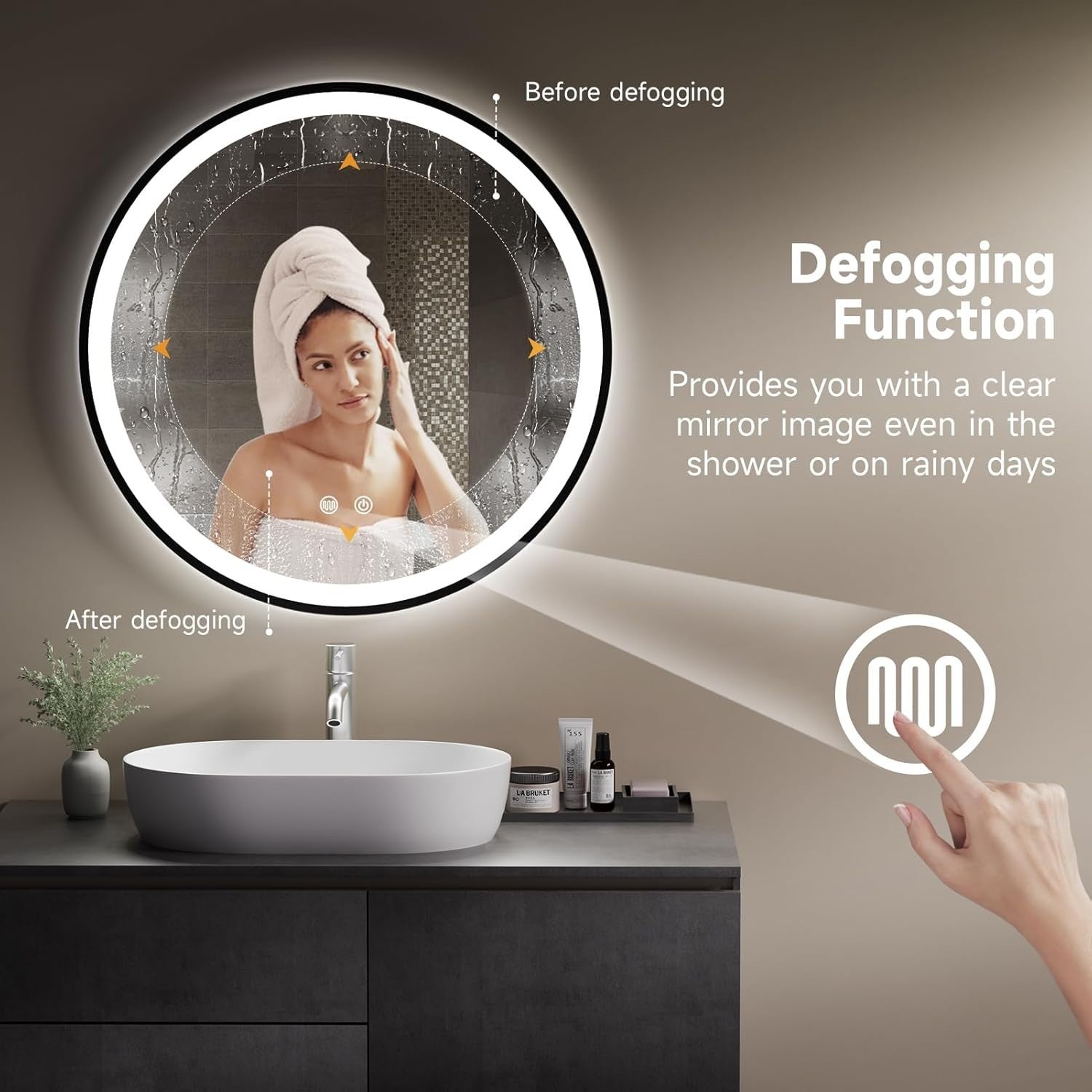 LED Bathroom Mirror 60cm Round RGB Dimmable Anti-Fog Touch Control
