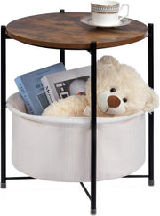 Round Side Table with Fabric Basket Storage Small Coffee Table Living Room
