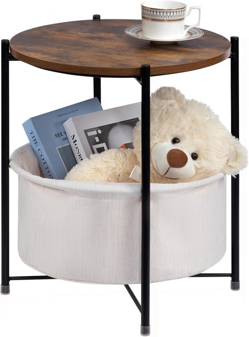 Round Side Table with Fabric Basket Storage Small Coffee Table Living Room