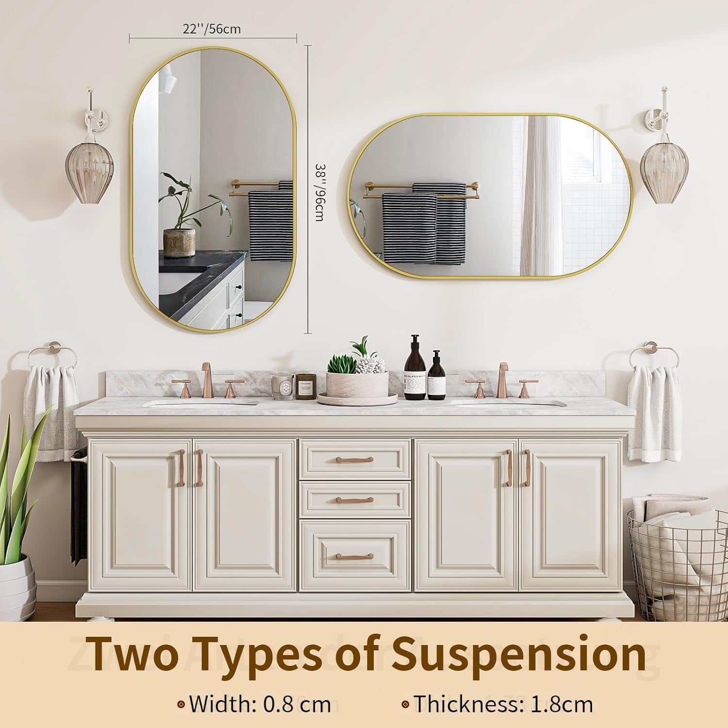 Oval Bathroom Wall Mirror 56x96 cm Tempered Glass Gold Frame, Distortion-Free