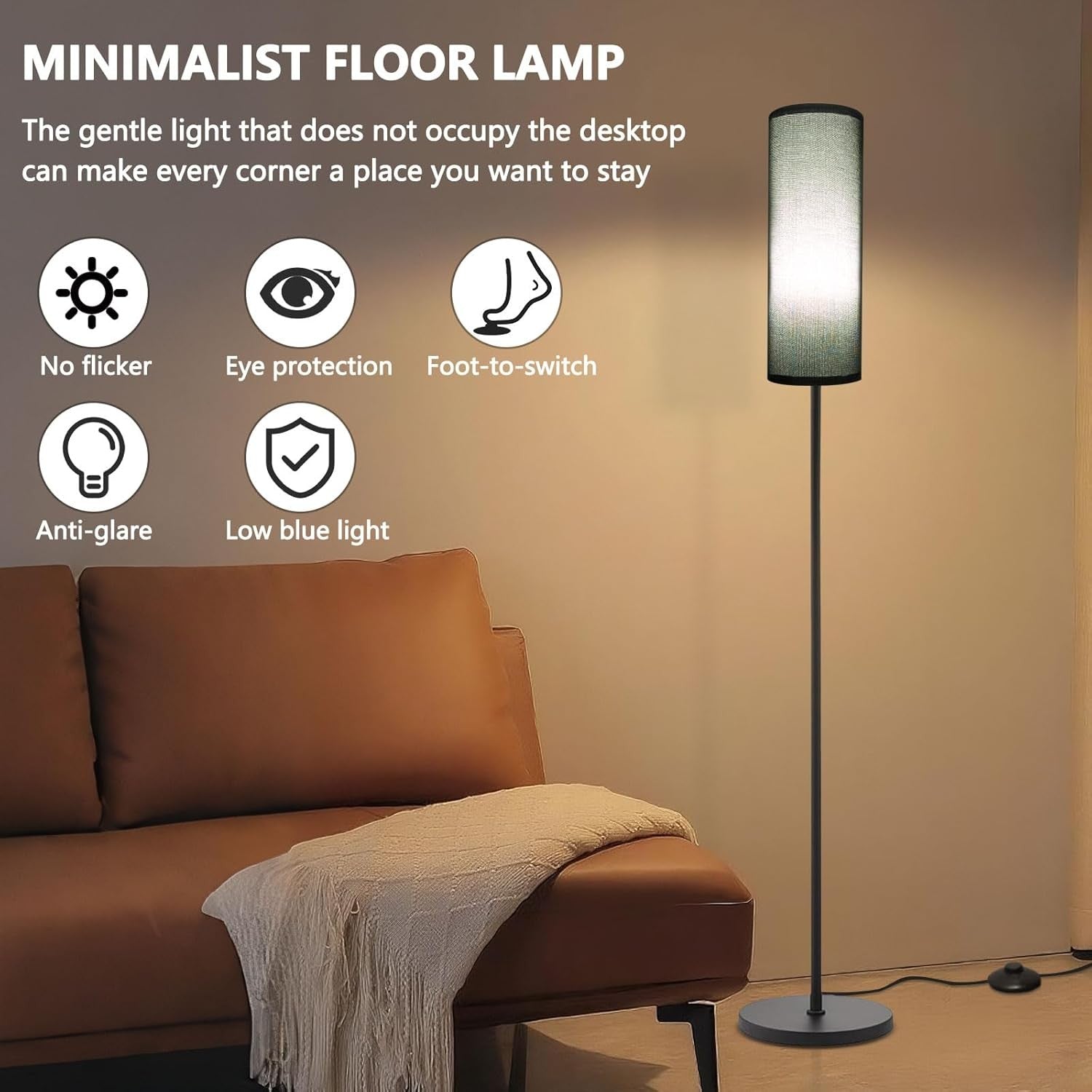 Tall Floor Lamp Black Fabric Shade 68in Standing Light Foot Switch
