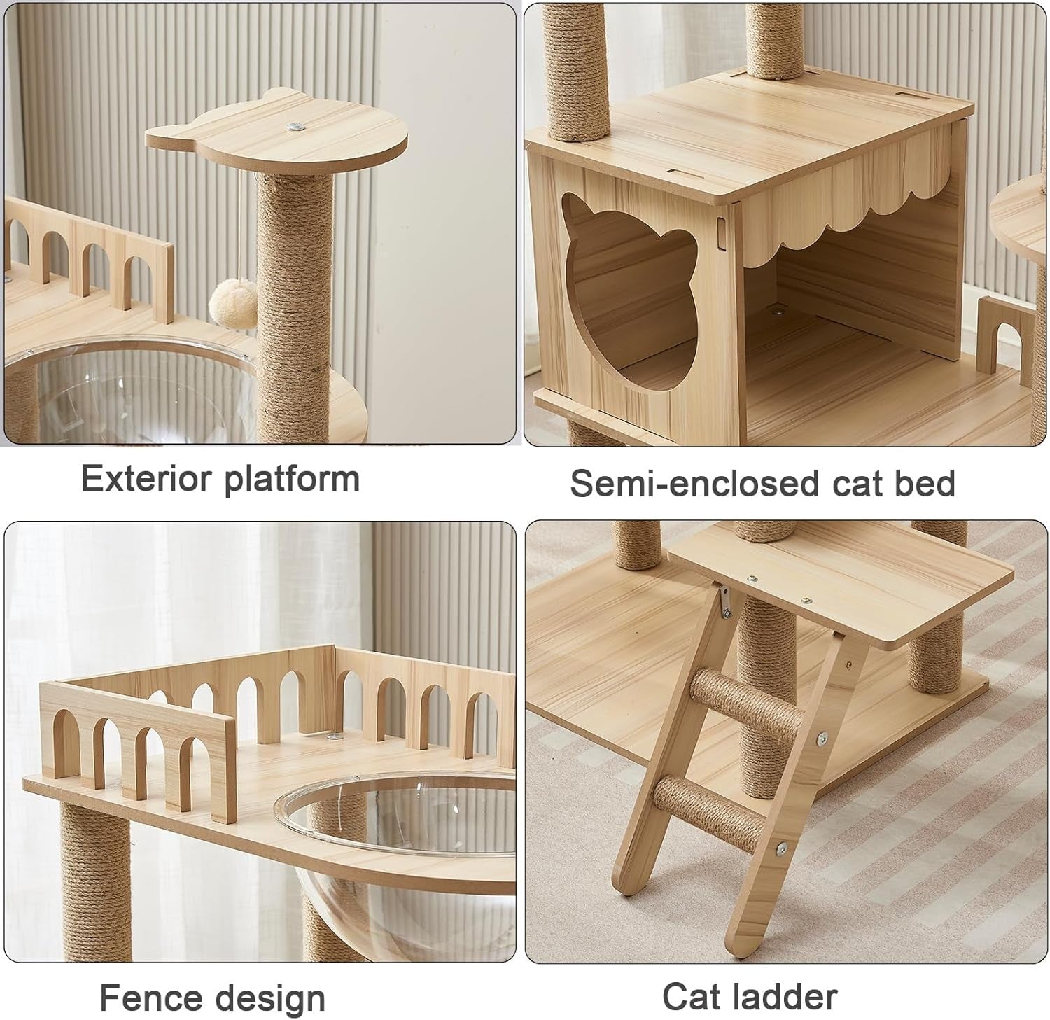 135cm Wooden Cat Tree Tower Condo Stairs Sisal Posts Modern Indoor Cats
