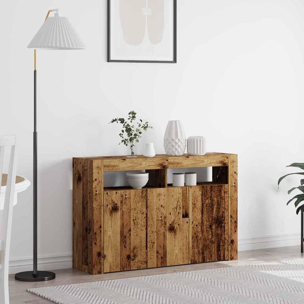 Rustic LED Wooden Sideboard Cabinet 3 Doors 8 Compartments Storage Buffet
