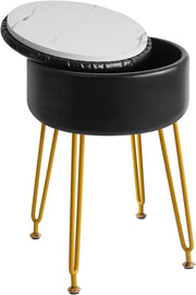Black Faux Leather Round Stool with Storage – Vanity Seat & Footrest