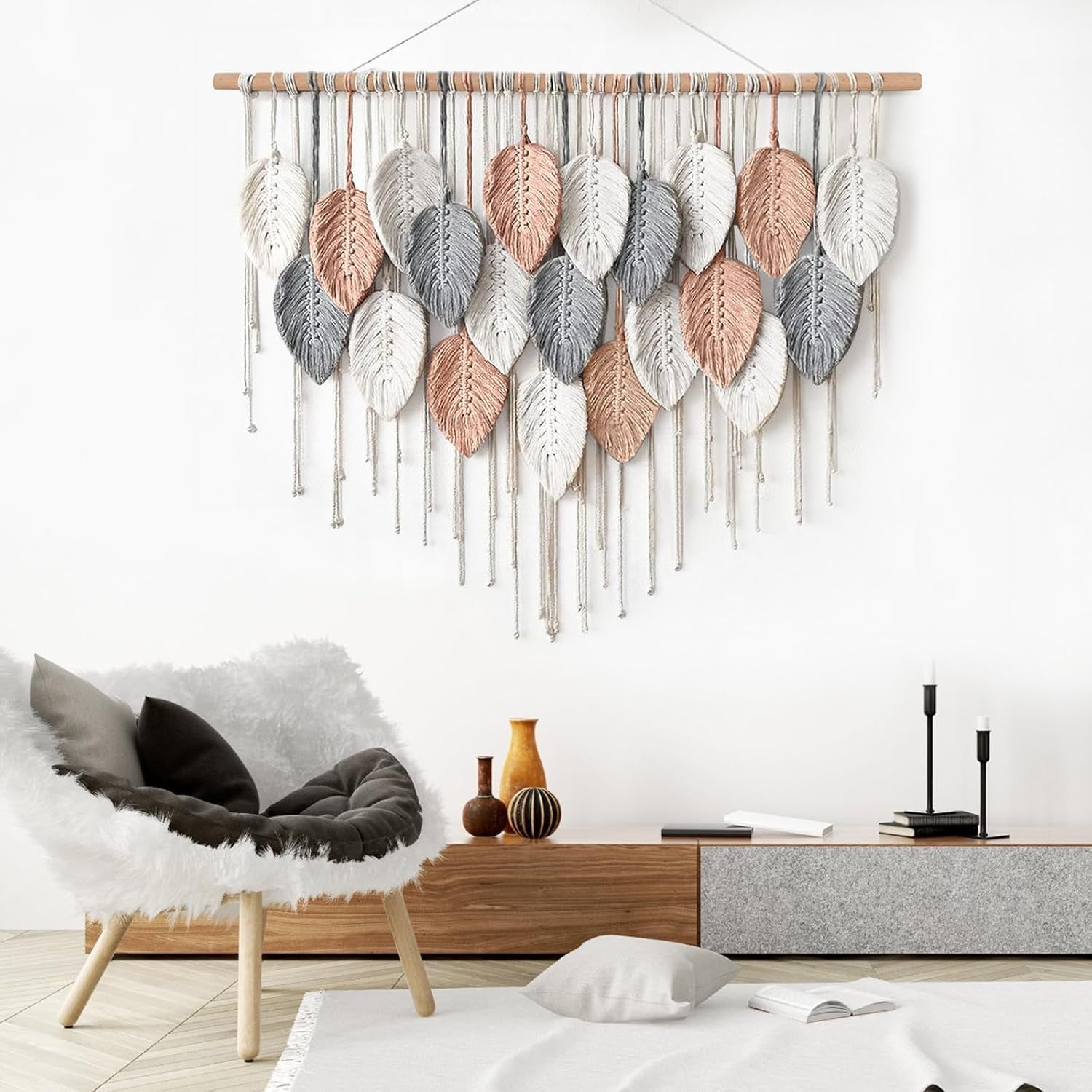 Pink Large Leaf Macrame Wall Hanging 39"x29.5" Boho Decor