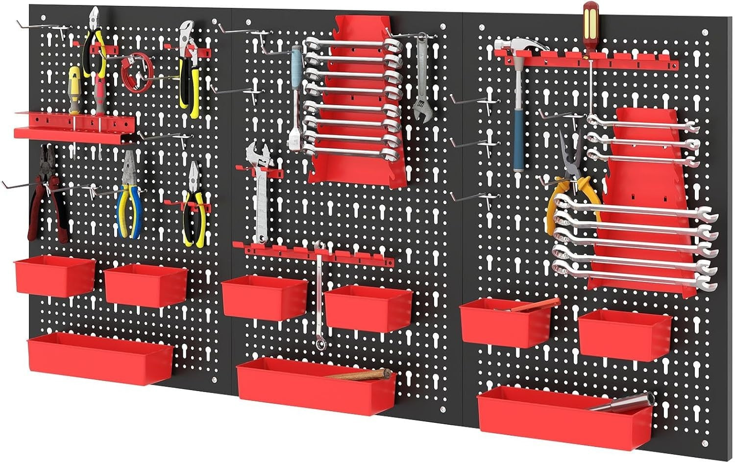 Black+Red Pegboard Tool Organizer 3 Boards 34 Accessories Wall Rack