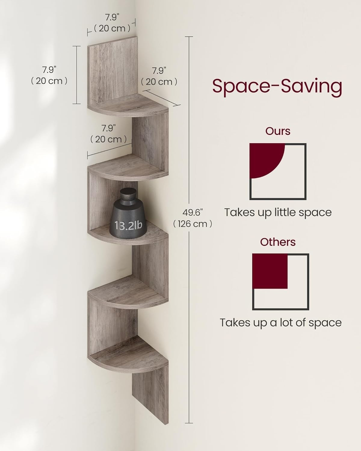 5 Tier Corner Wall Shelf Greige Floating Zigzag Display Unit 126cm