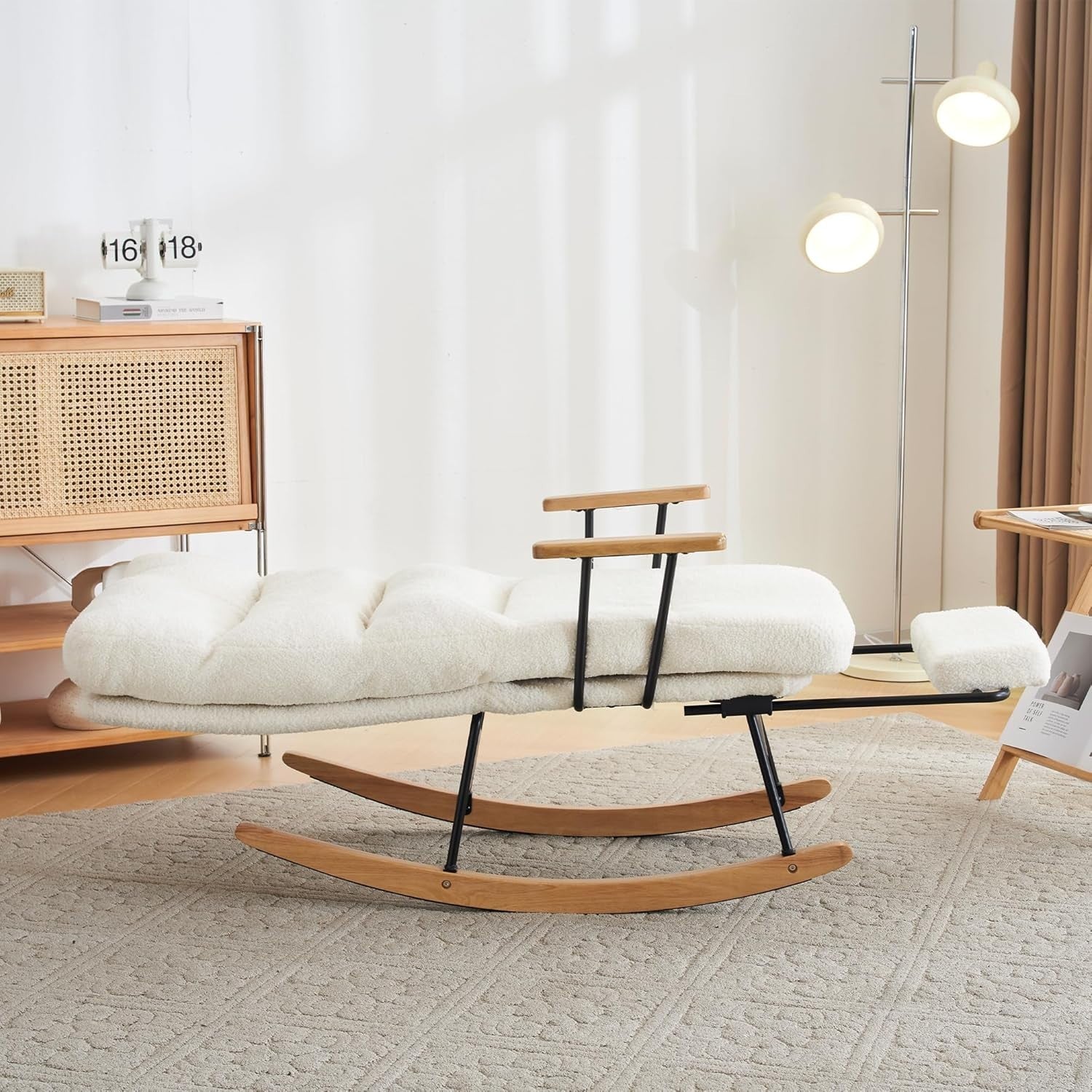 Mid-Century Rocking Chair with Footstool – Bouclé, Tufted, Wood Legs