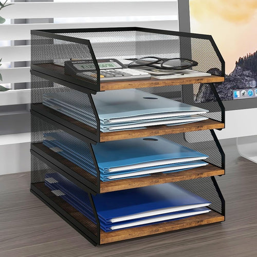 4-Tier Stackable Desk Paper Tray Organizer Metal & Wood Desktop Rack