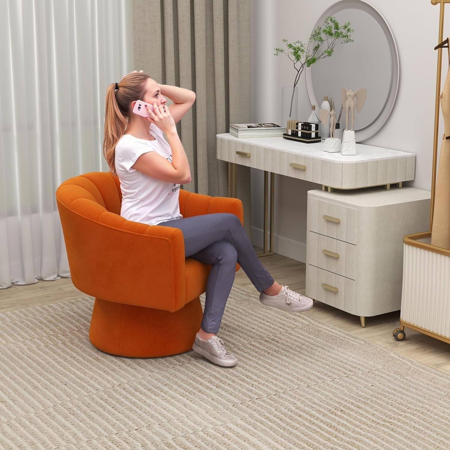 Orange Velvet Swivel Accent Chair 360° Modern Armchair for Lounge Room