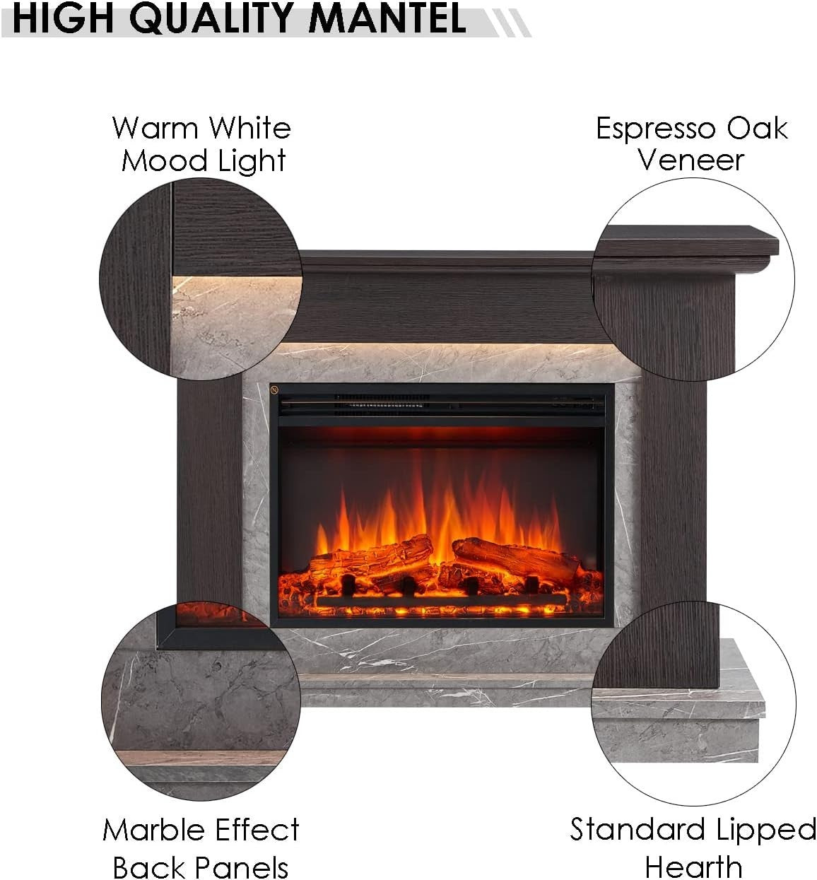 Electric Fireplace Suite 44" Heater LED Flame Oak Surround TV Safe