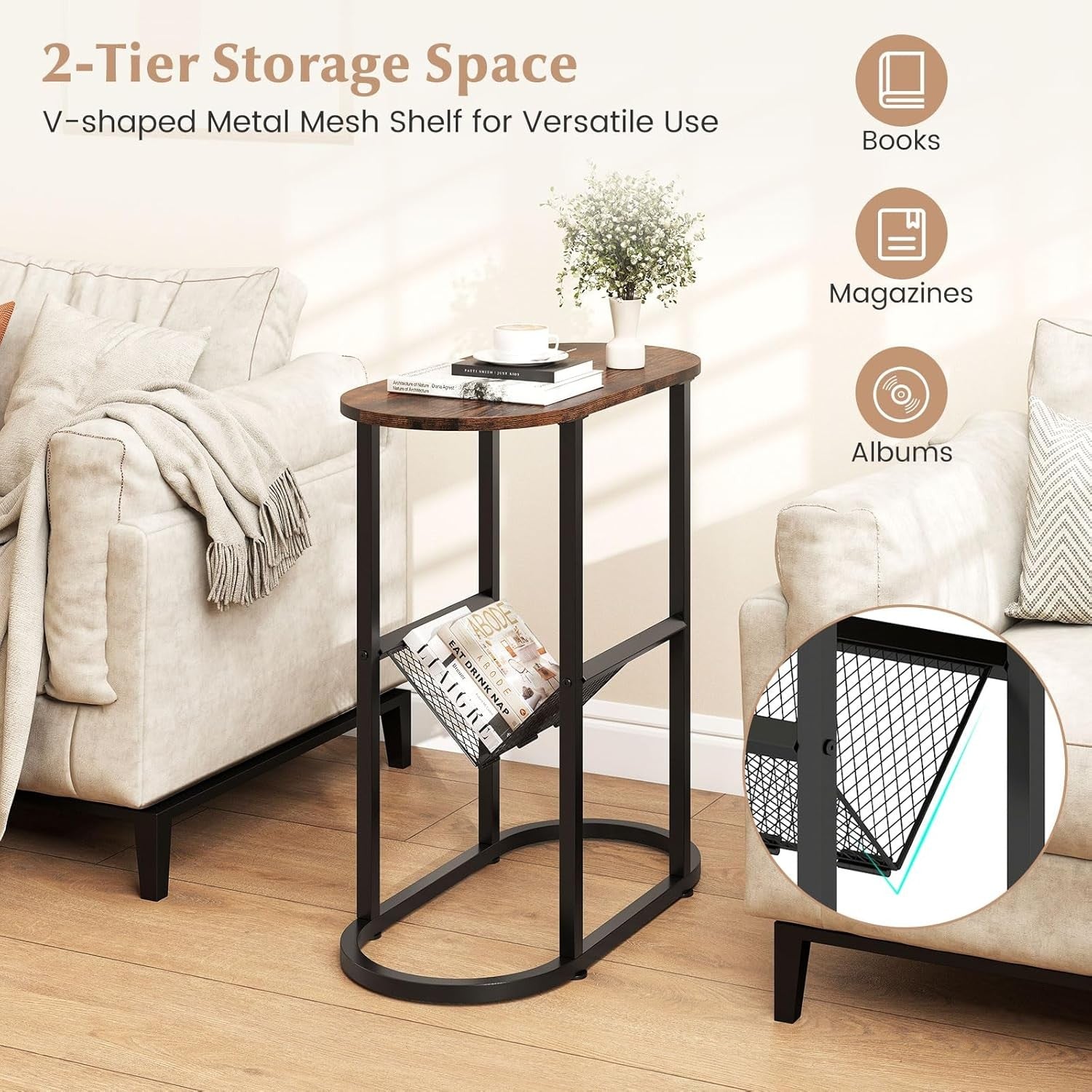 Slim Oval Side Table with Magazine Holder, 2-Tier Metal Frame Bedside Sofa Table