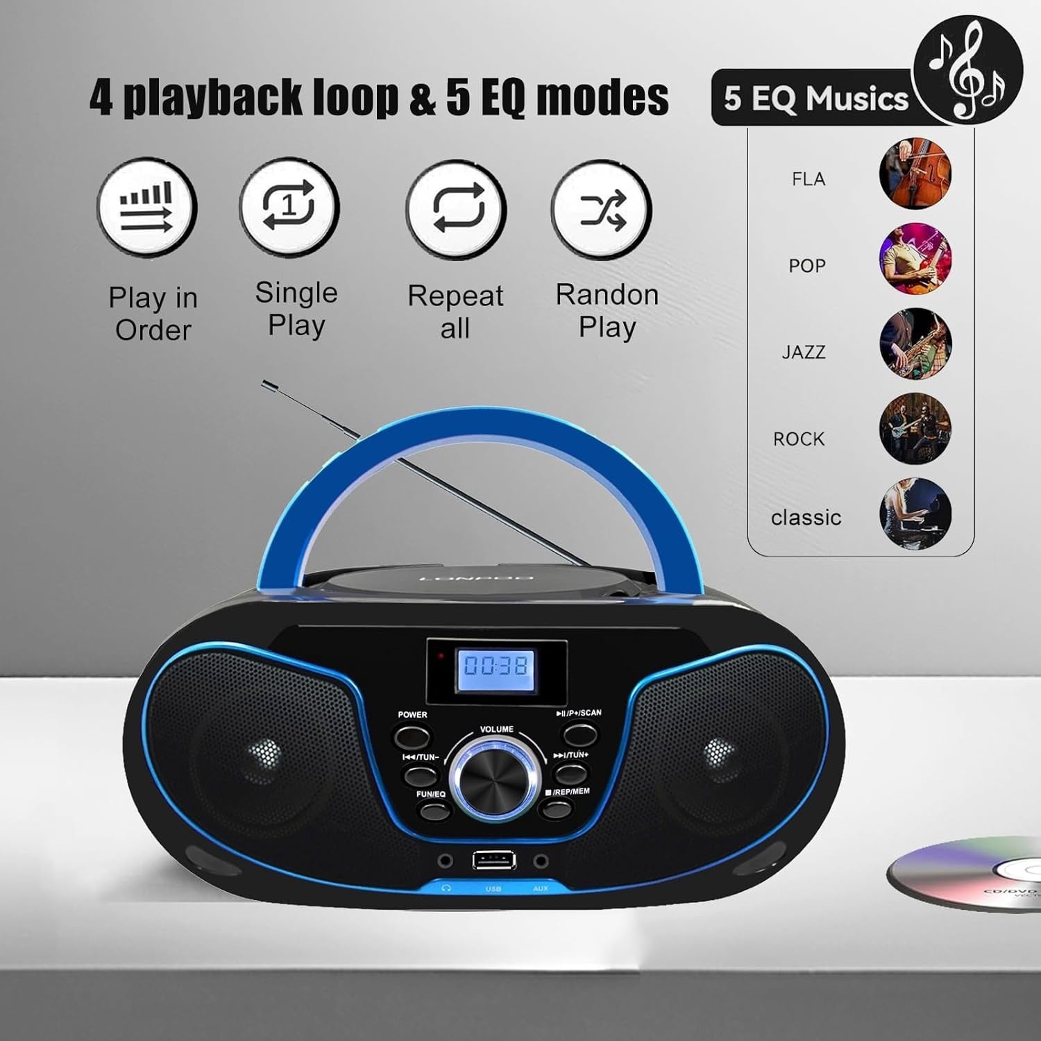 Portable Boombox CD Player Bluetooth FM Radio USB AUX Stereo Blue