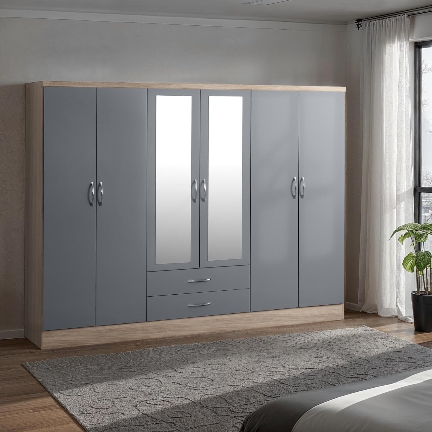 Large 6-Door Grey & Oak Wardrobe with Mirrors & 2 Drawers | Secure Storage