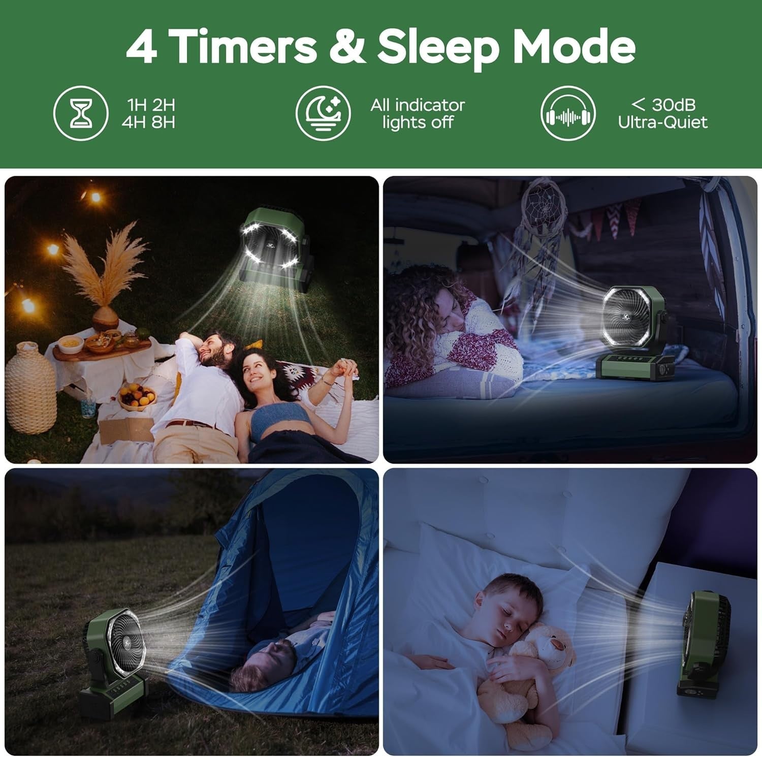 20000mAh Camping Fan – LED Desk Fan w/ Remote, Hook & Rechargeable Battery Green