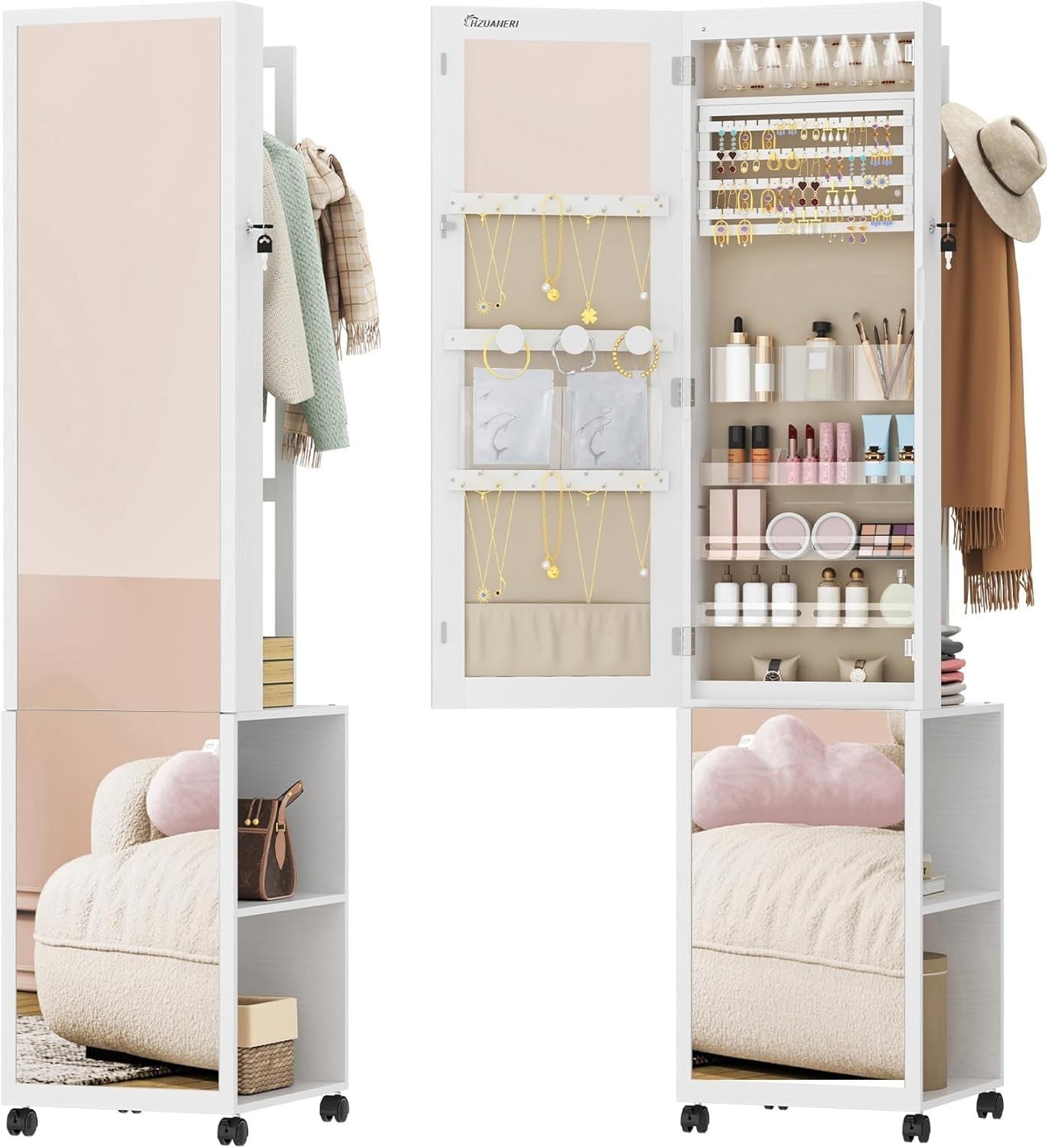 White & Beige LED Jewelry Cabinet Mirror Lockable Rolling Storage Rack
