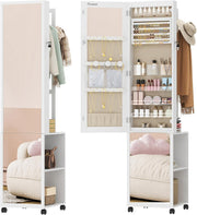 White & Beige LED Jewelry Cabinet Mirror Lockable Rolling Storage Rack