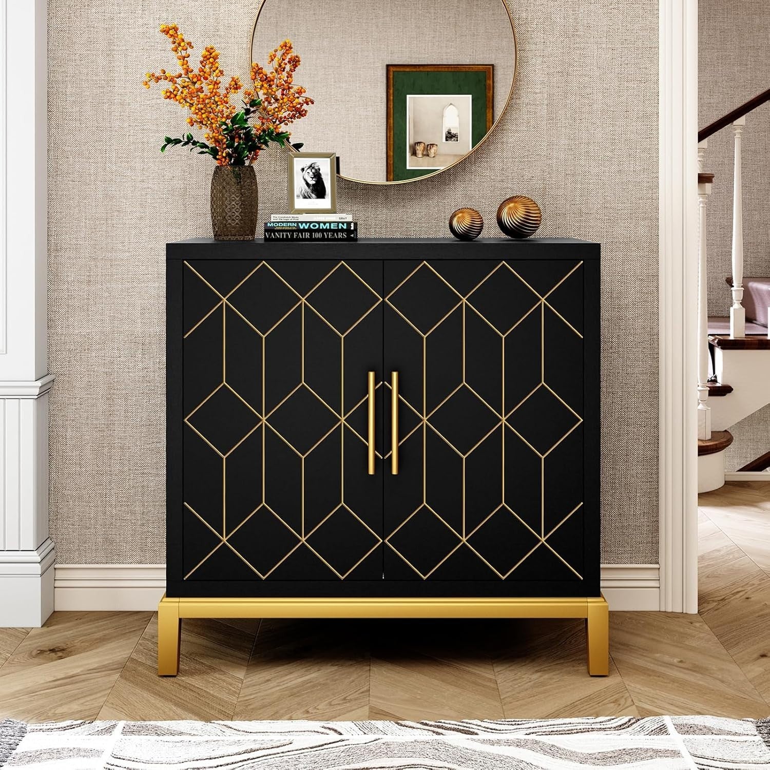 Modern Black Sideboard Cabinet Gold Legs 2 Door Storage Unit Hallway
