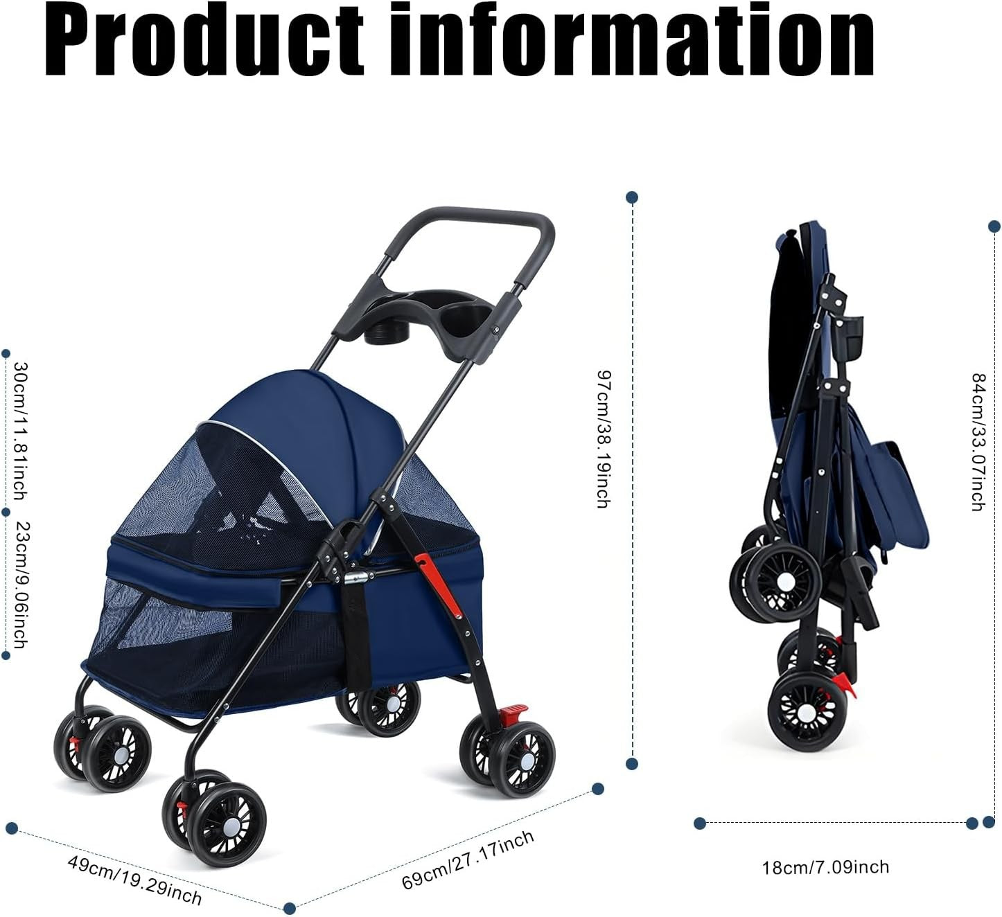 Small Dog Stroller Folding Pet Buggy Breathable Mesh Wheels Travel Pram