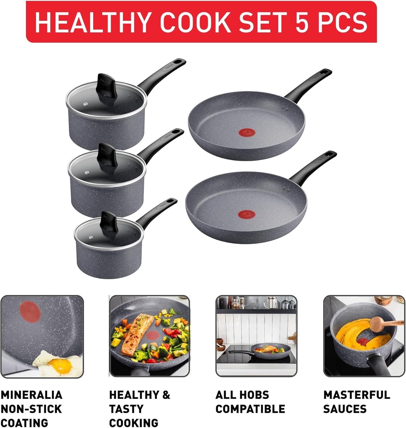 5pcs Eco-Friendly Non Stick Cookware Set – Mineral Coating, Induction Safe