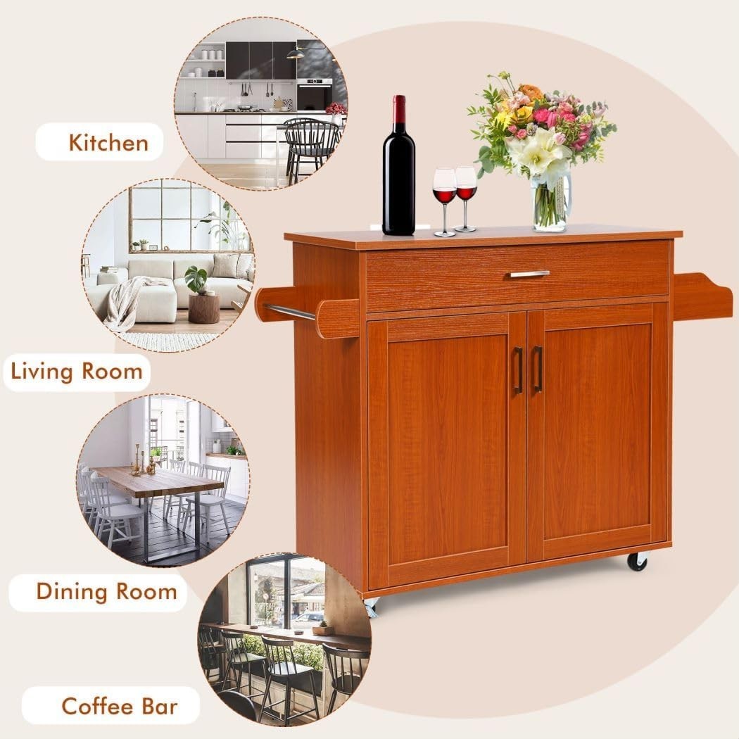 116cm Rolling Kitchen Cabinet Cart Drawer Brown