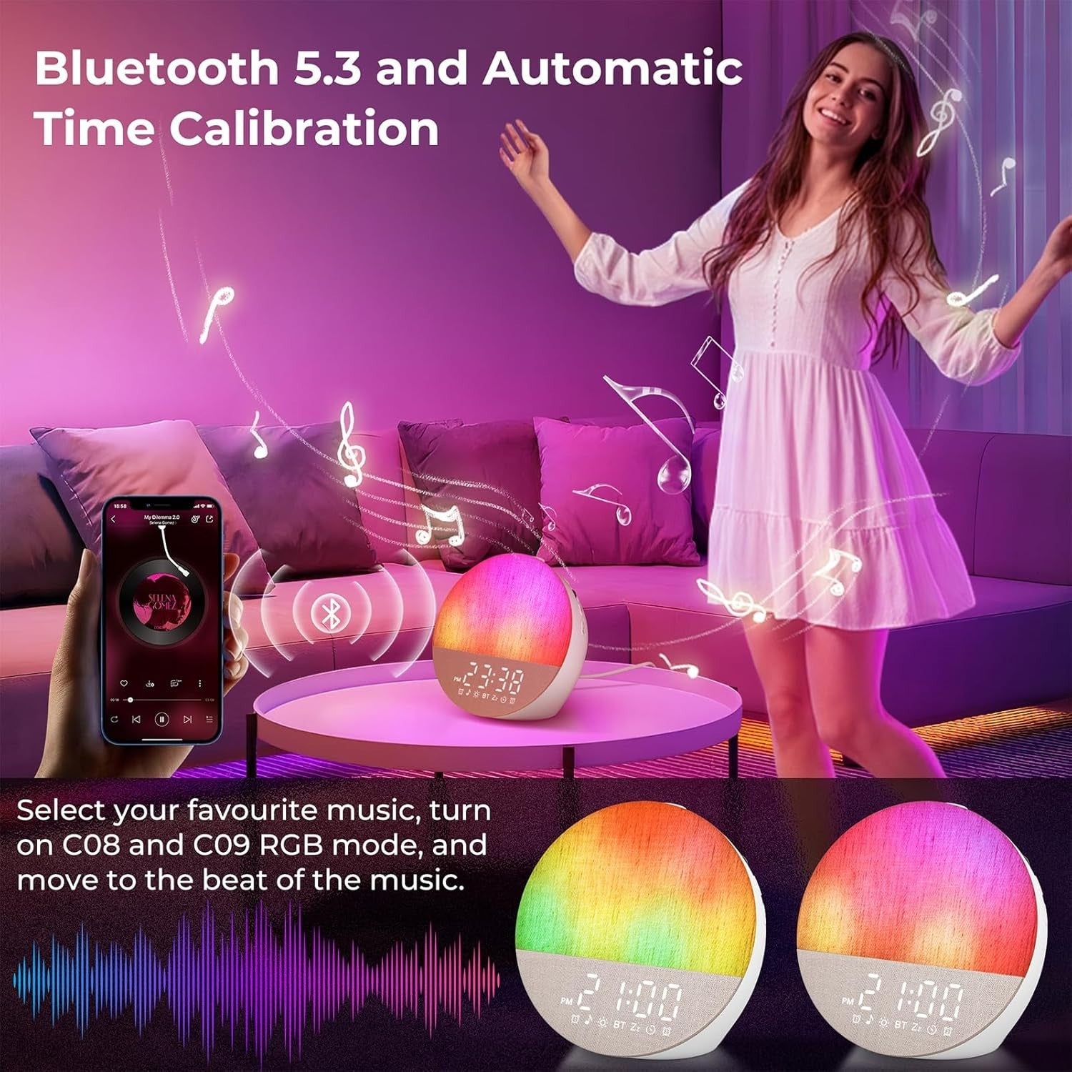 Sunrise Alarm Clock & White Noise Machine – 30 Sounds, 18 Lights