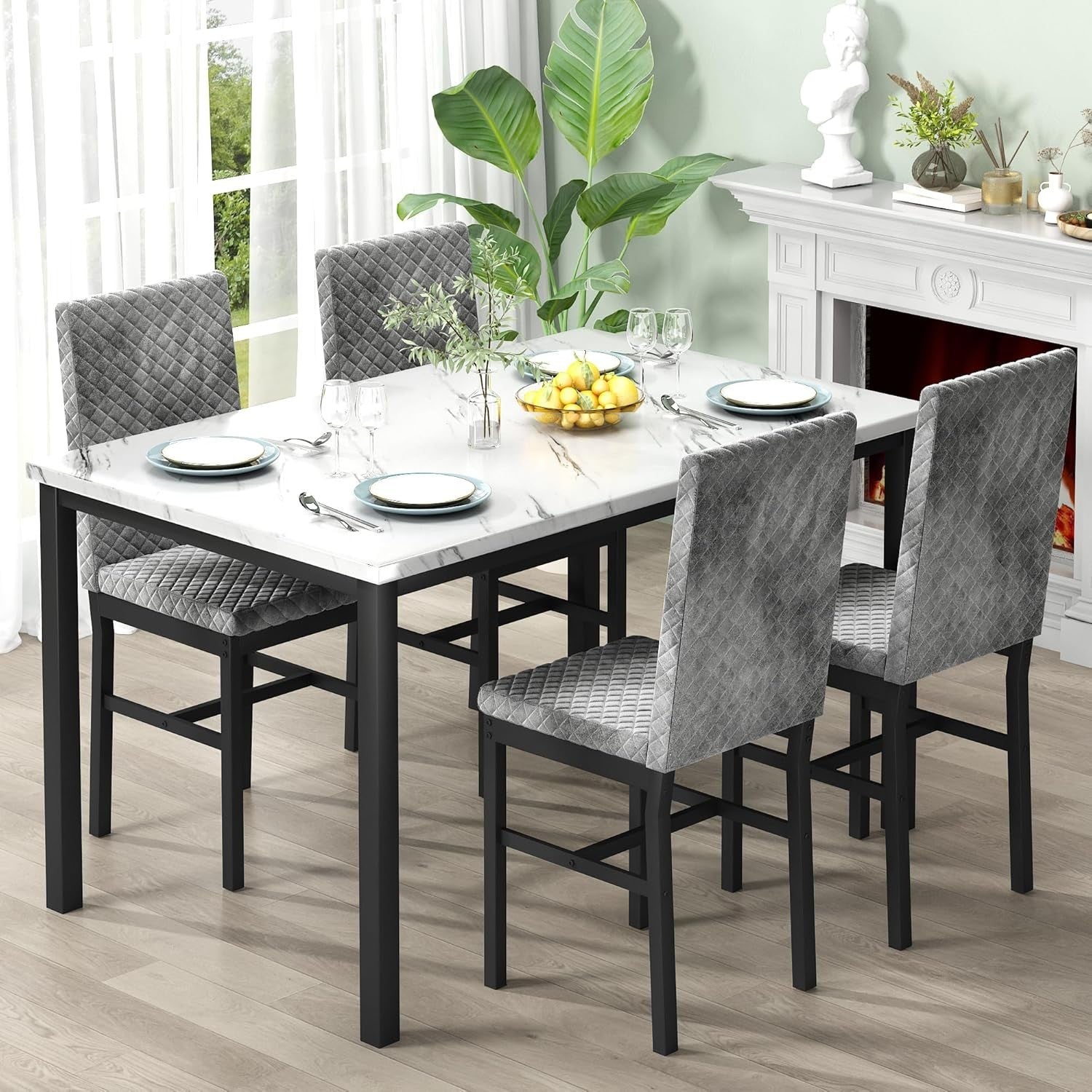 4 Seater Dining Table Set Marble Effect Top & Velvet Chairs Modern Small