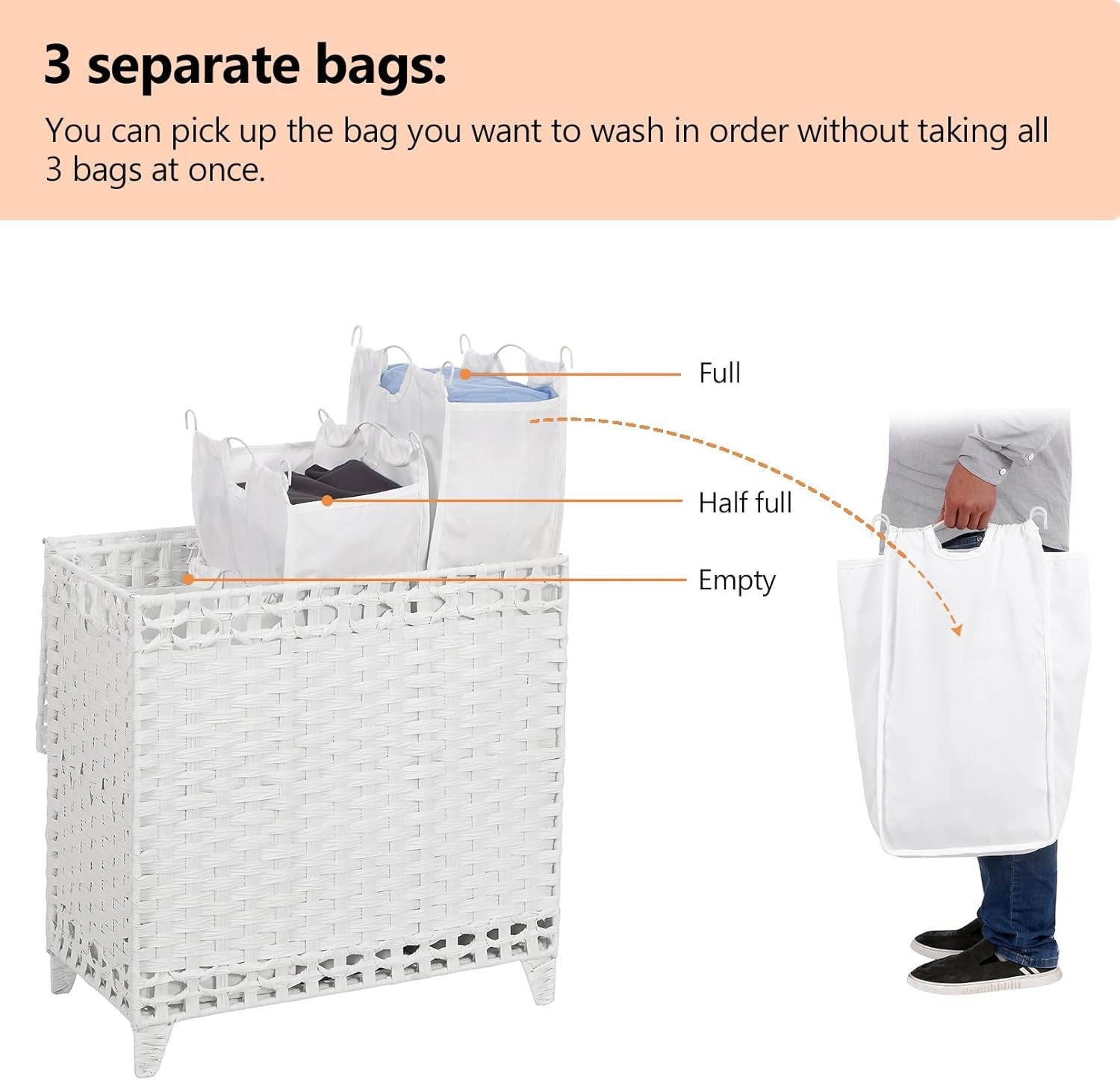 132L Rattan Laundry Hamper with Lid 3-Section Basket Removable Liner Bags White