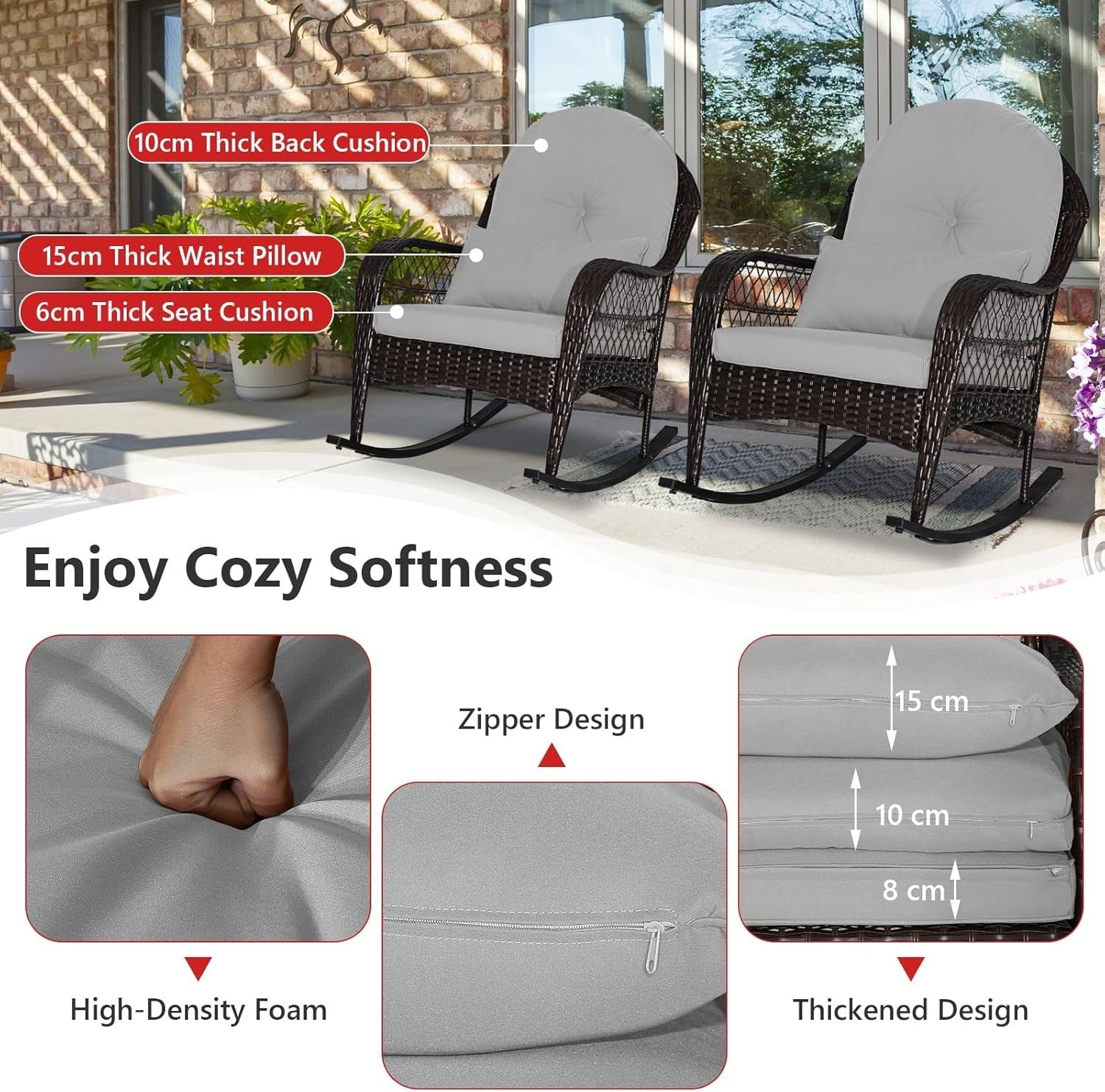 Garden Rattan Rocking Chair Grey Cushioned Outdoor Patio Armchair