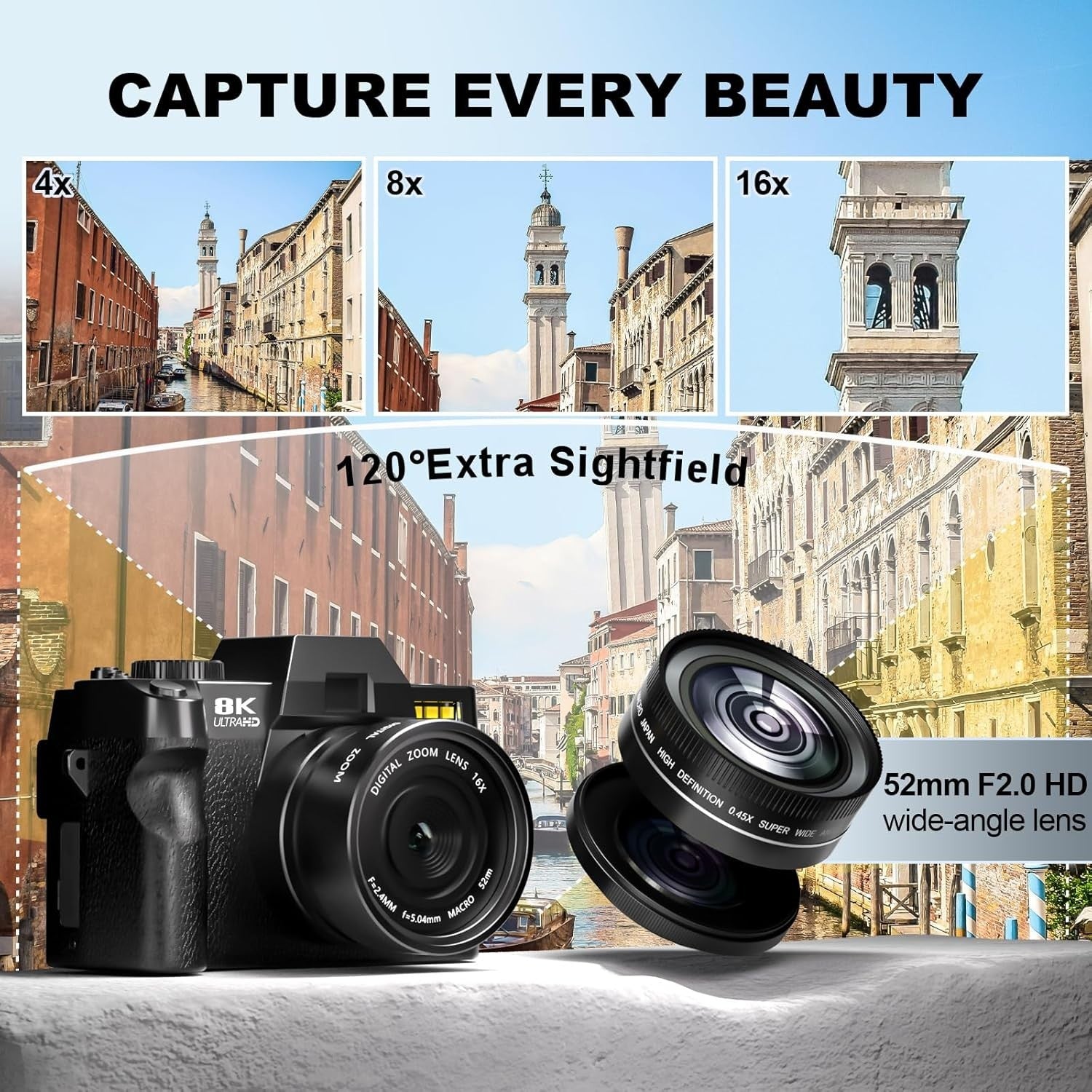 8K Digital Camera 64MP WiFi Vlogging Camera Flip Screen 16X Zoom