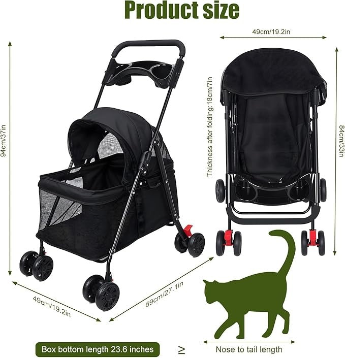 Dog Stroller Foldable Pet Pram 4 Wheel Travel Pushchair with Cup Holder