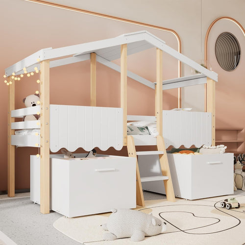 Kids Wooden House Bunk Bed with Storage Boxes, Ladder & Safety Rail 90x190