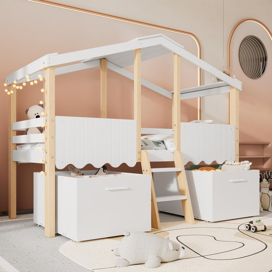 Kids Wooden House Bunk Bed with Storage Boxes, Ladder & Safety Rail 90x190