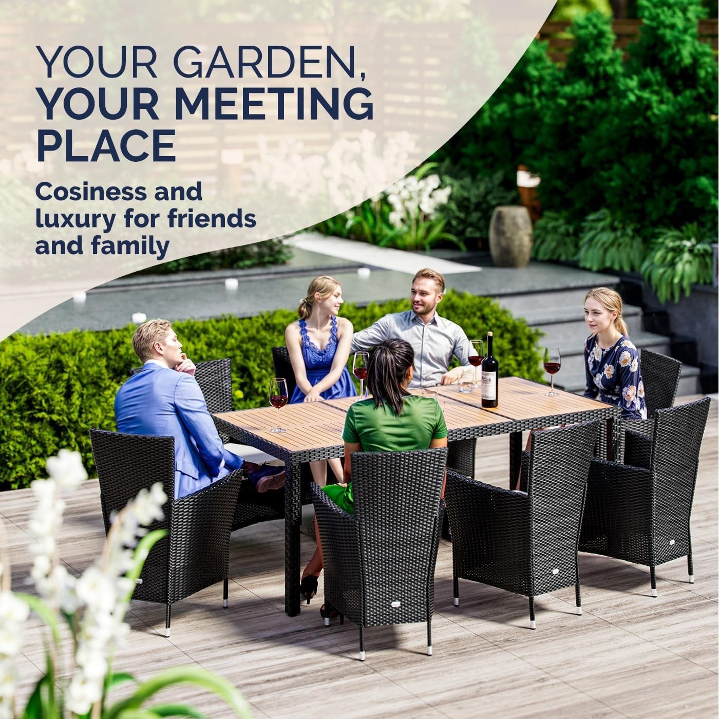 8 Seater Rattan Garden Dining Set Outdoor Patio Table Chairs Acacia Wood