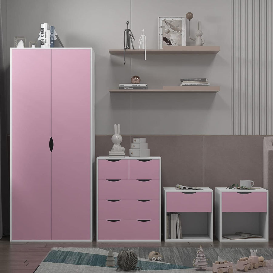 4pc Bedroom Furniture Set Wardrobe Chest Bedside Cabinet Pink White