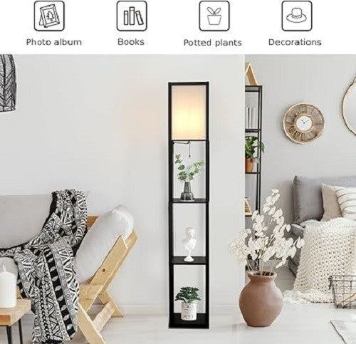 Floor Lamp with Shelves Storage Standing Light Glossy Shade Reading Lamp